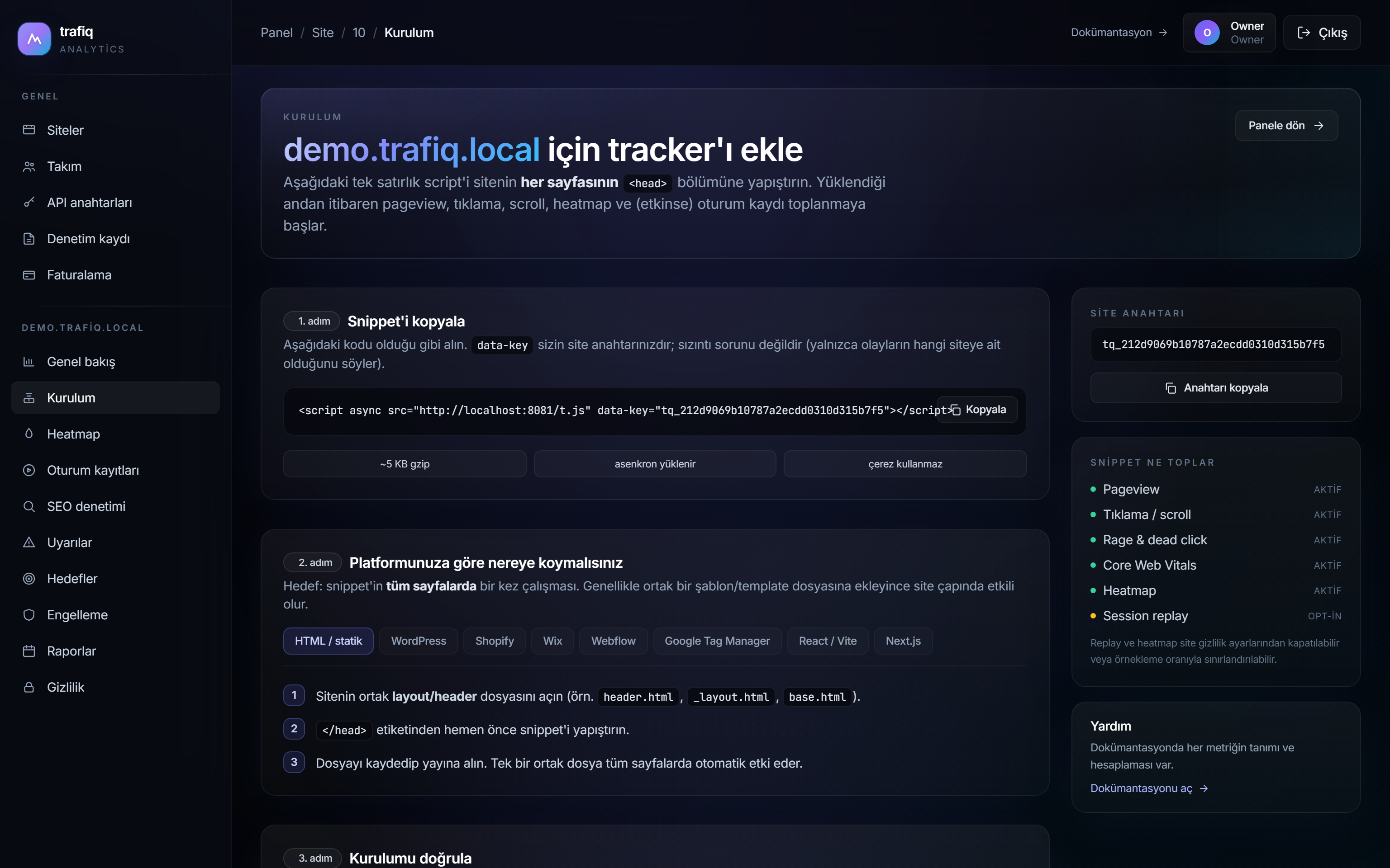trafiq kurulum sayfası: tracker snippet, platform rehberleri ve canlı doğrulama