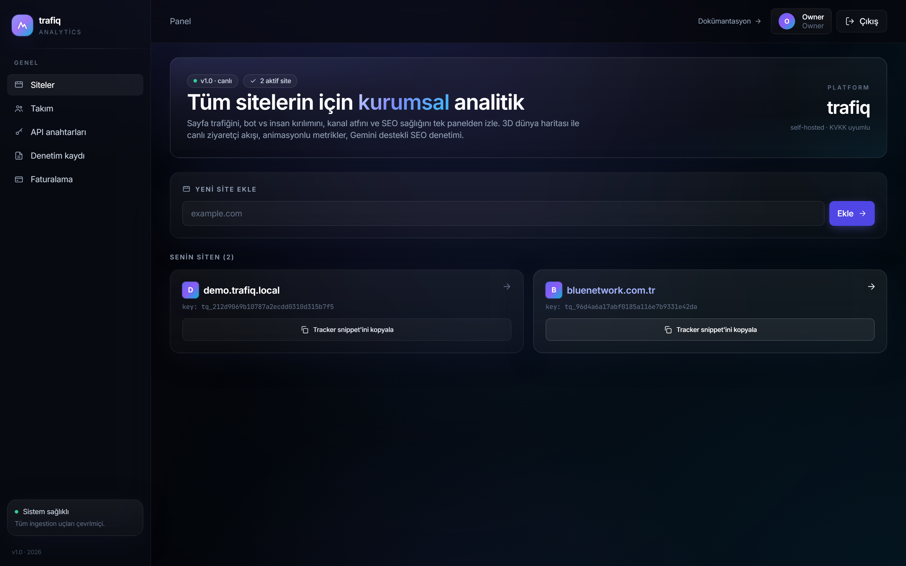 trafiq site listesi: domain, tracking key ve tracker snippet kopyalama